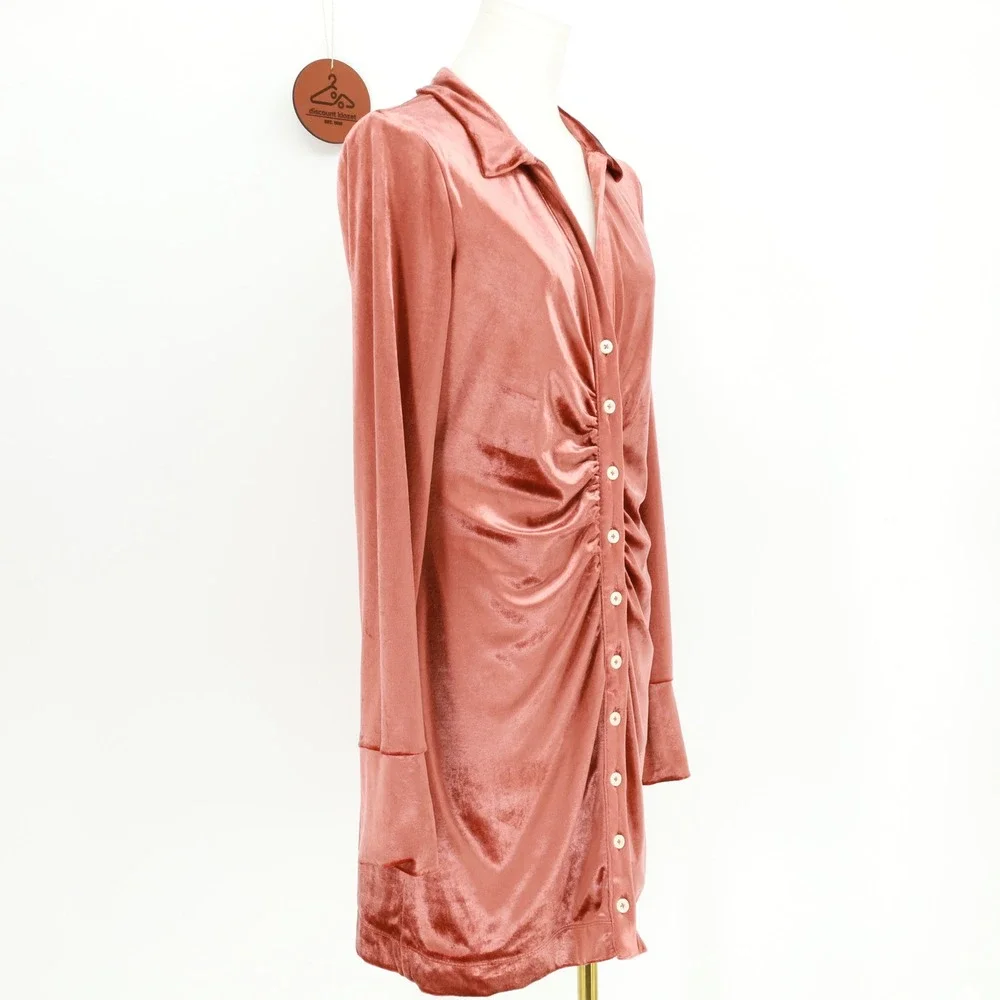 Free‎ People Shayla Velvet Ruched Button Front Mini Dress Terracotta Size Medium